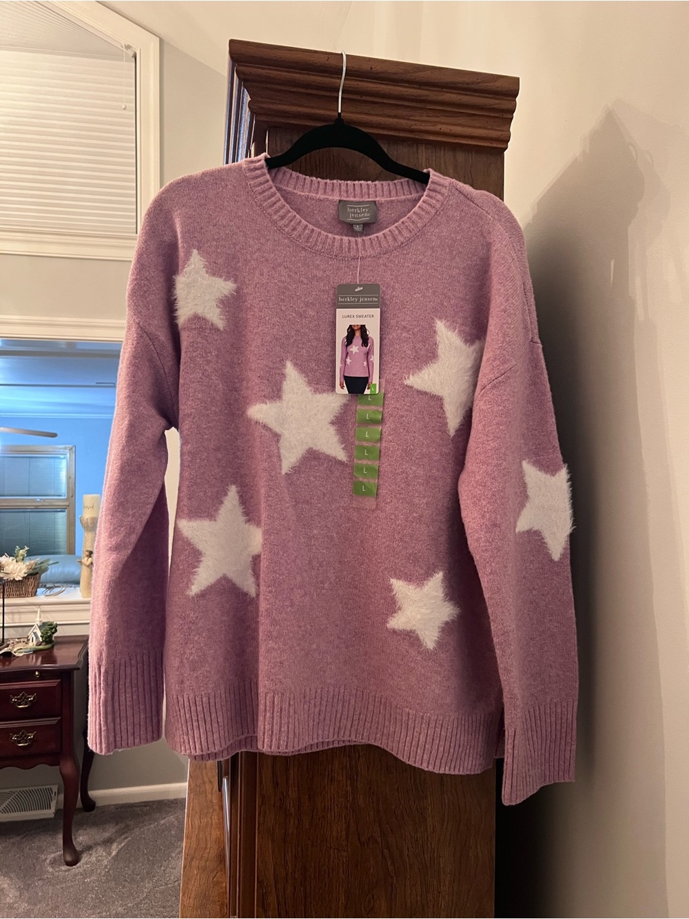 NWT Berkley Jensen Lurex Sweater Women’s Large Pink Metallic Star Knit Shimmer
